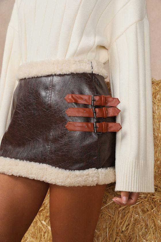 Flirty in Fall Dark Brown Vegan Leather Faux Fur Mini Skirt Product Image
