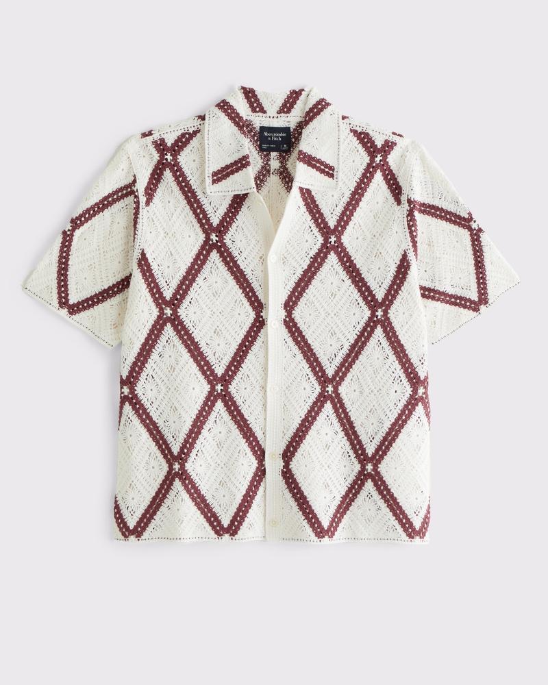 Crochet-Style Diamond Pattern Button-Through Sweater Polo Product Image