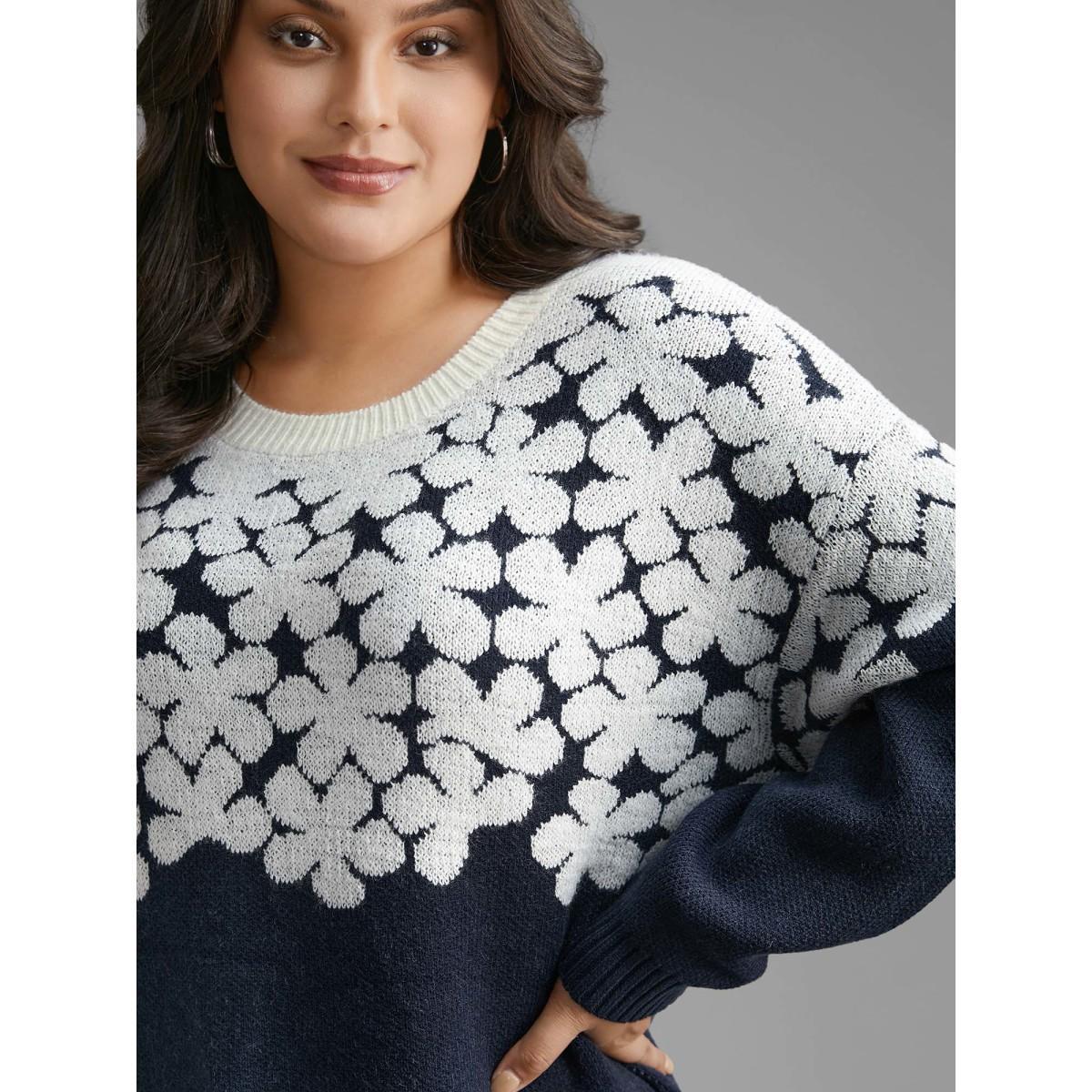 Plus Size Floral Contrast Patchwork Drop Shoulder Pullover Indigo Women Casual Loose Long Sleeve Round Neck Everyday Pullovers BloomChic 10/M Product Image