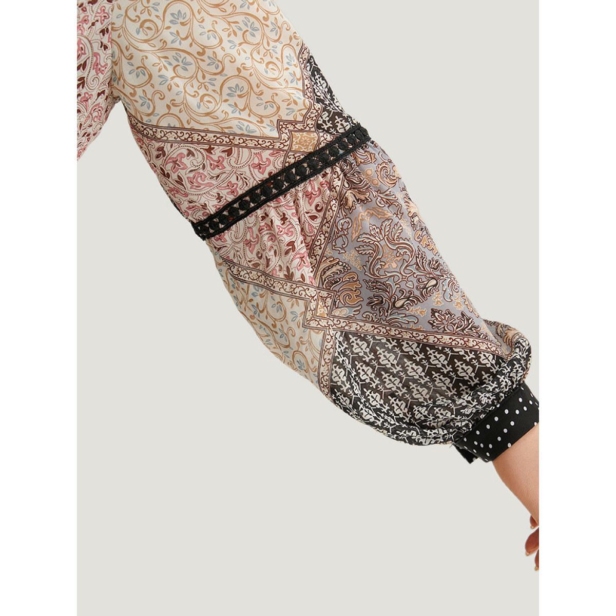 Plus Size BlackFlower Bandana Polka Dot Patchwork Contrast Blouse Women Vacation Long Sleeve V-neck Vacation Blouses BloomChic 30/6X Product Image