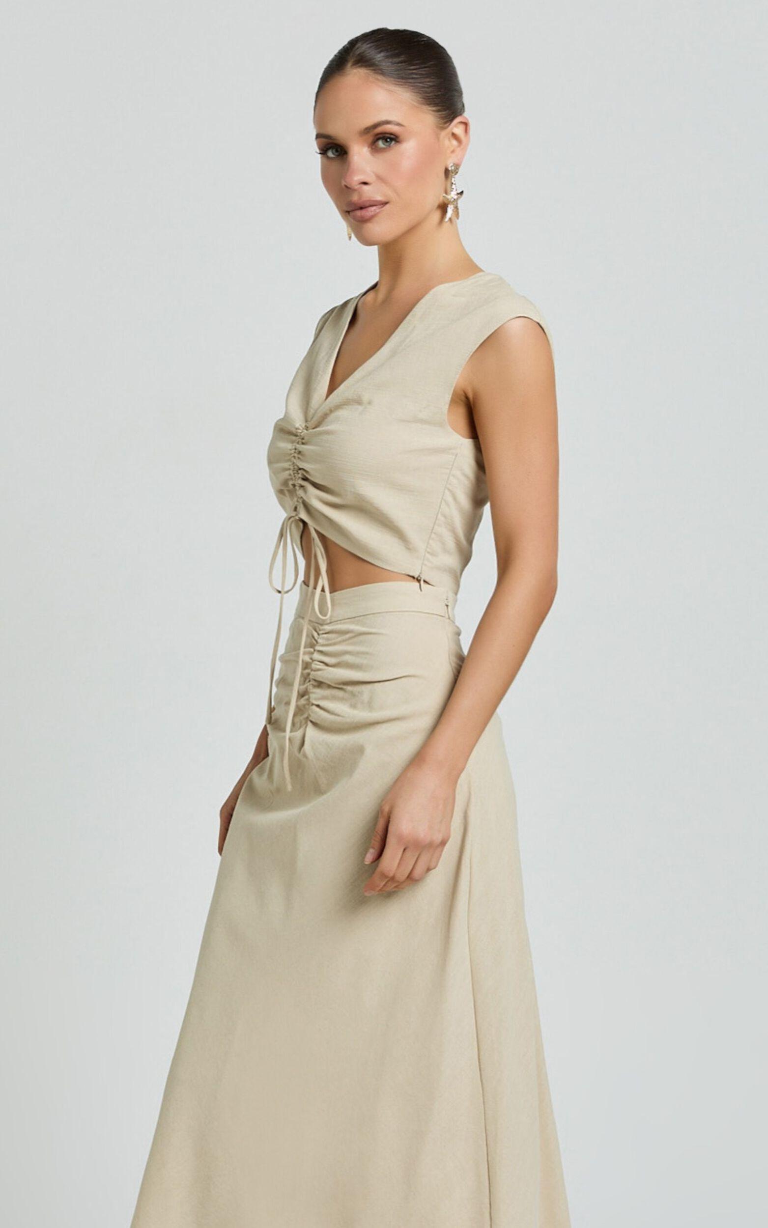 Devan Two Piece Set - Ruched Crop Top and A Line Midi Skirt Set in Sand Product Image