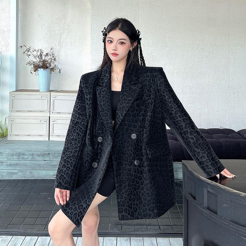 Lapel Collar Leopard Print Double Breasted Blazer Product Image