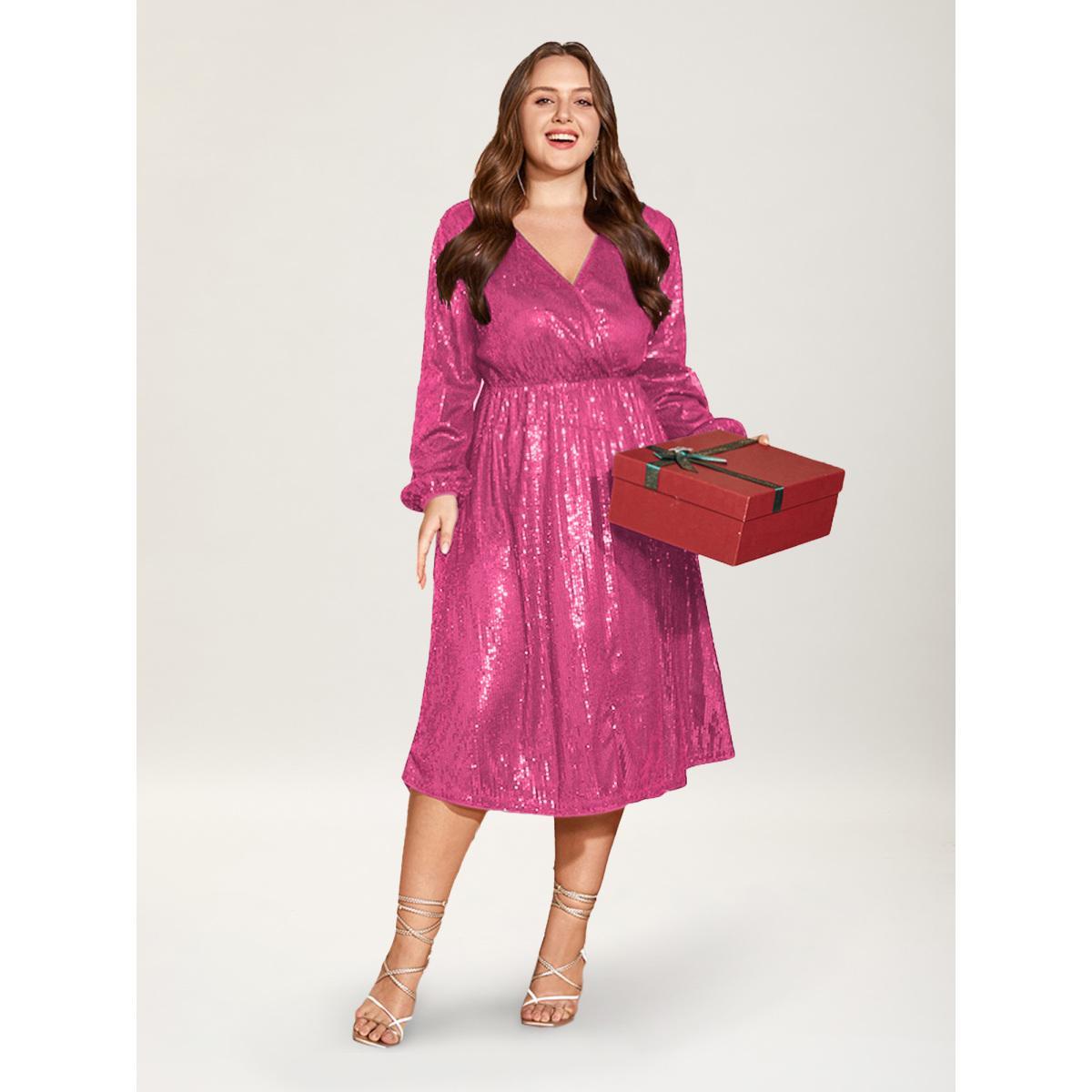 Plus Size Solid Pocket Lantern Sleeve Wrap Sequin Dress Peach Women Party Pocket Overlap Collar Long Sleeve Curvy Midi Dress BloomChic 14-16/1X Product Image