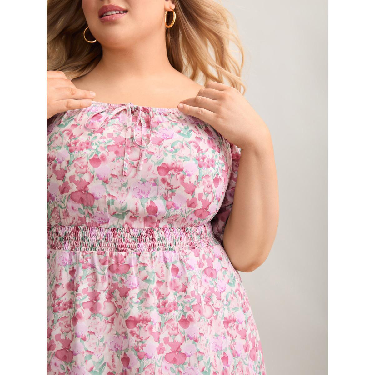 Plus Size Floral Print Shirred Waist Pockets Midi Dress Blush Women Elegant Tie knot Square Neck Half Sleeve Curvy BloomChic 30/6X Product Image
