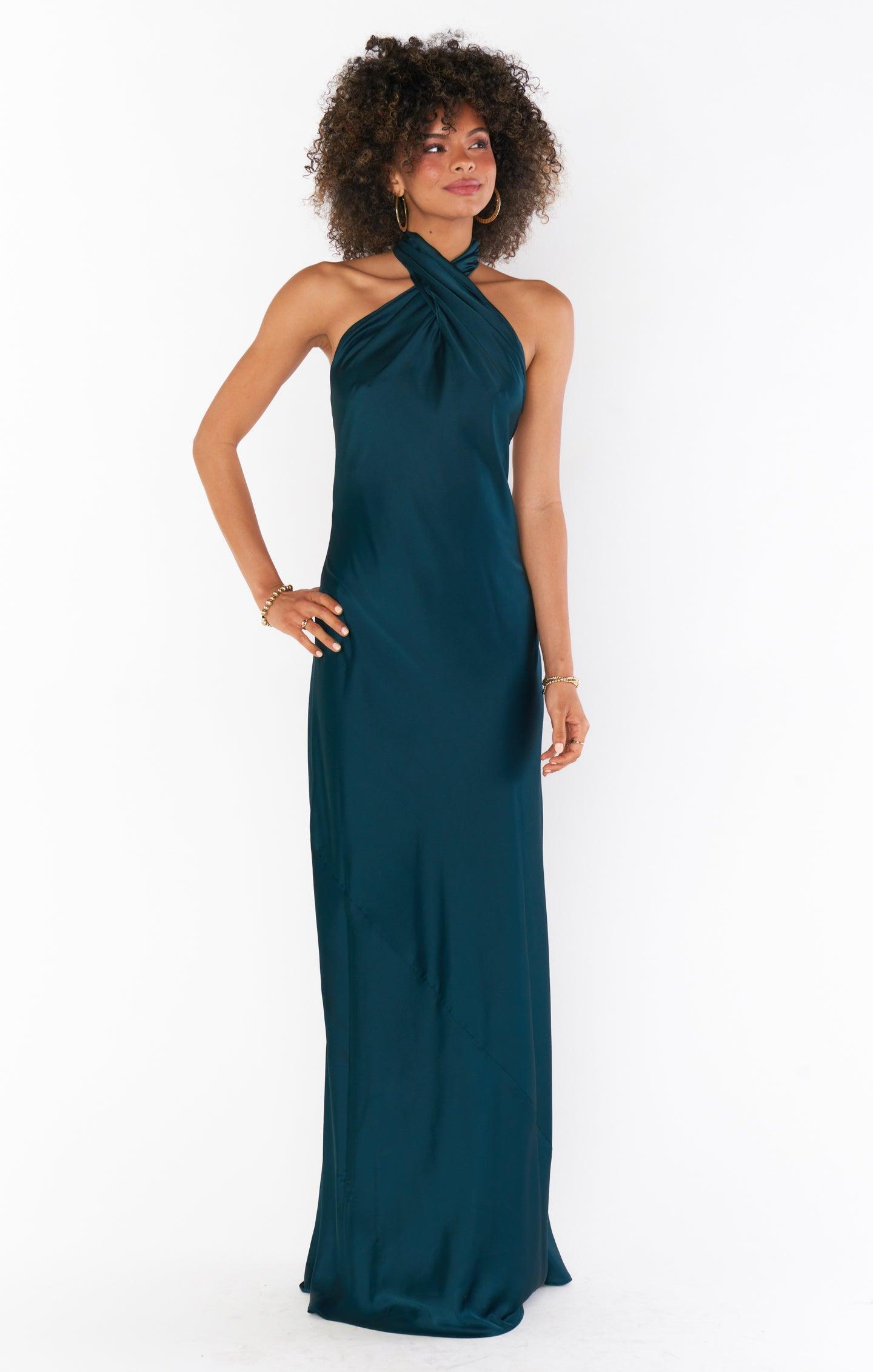 Jasmine Halter Maxi Dress ~ Deep Emerald Luxe Satin Product Image