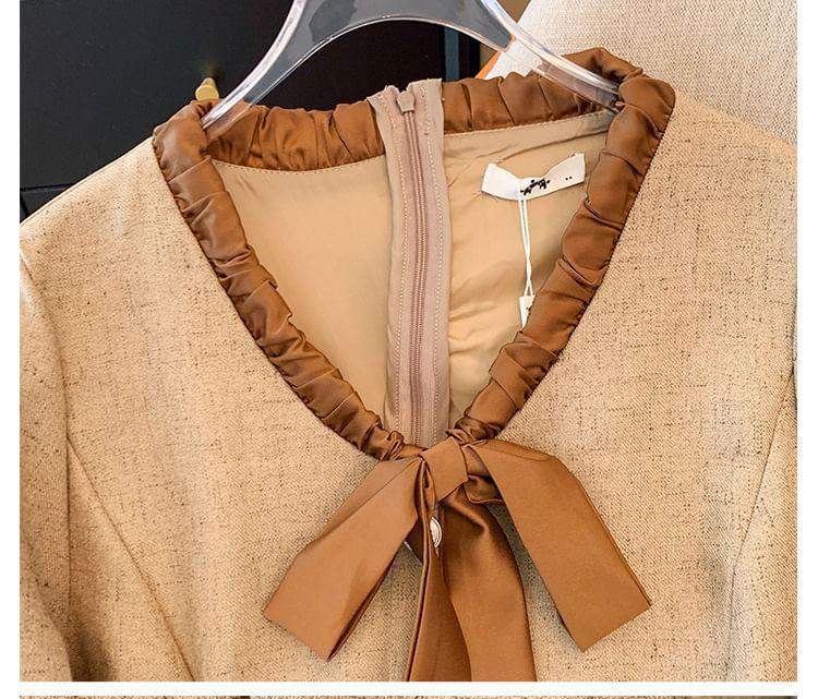 Plus Size Long-Sleeve V-Neck Contrast Trim Pleated Tie Front Mini A-Line Dress Product Image