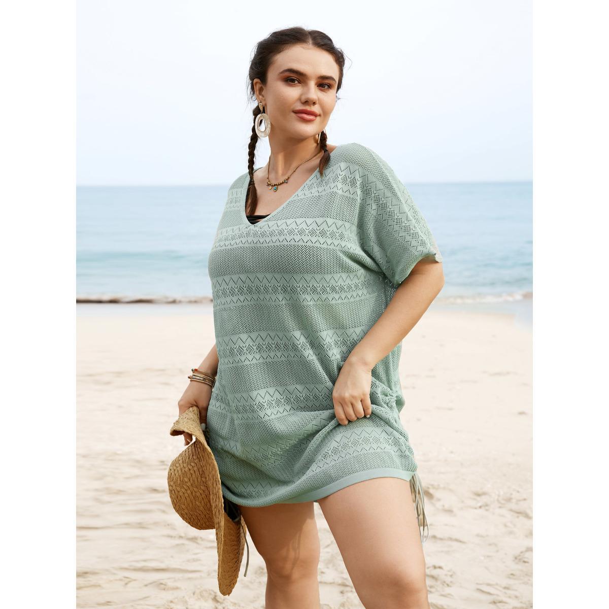 Plus Size Deep V Neck Cut Out Drawstring Swim Cover Up Women's Swimwear Palemauve Beach Loose Cut-Out Curve Swim Cover Ups BloomChic 12/L Product Image