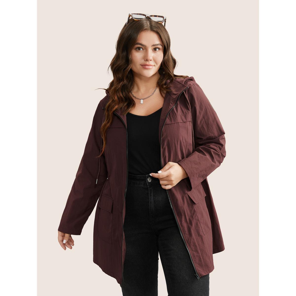 Plus Size Plain Hooded Drawstring Gathered Zipper Jacket Women Scarlet Non Patch pocket Everyday Jackets BloomChic 10/M Product Image