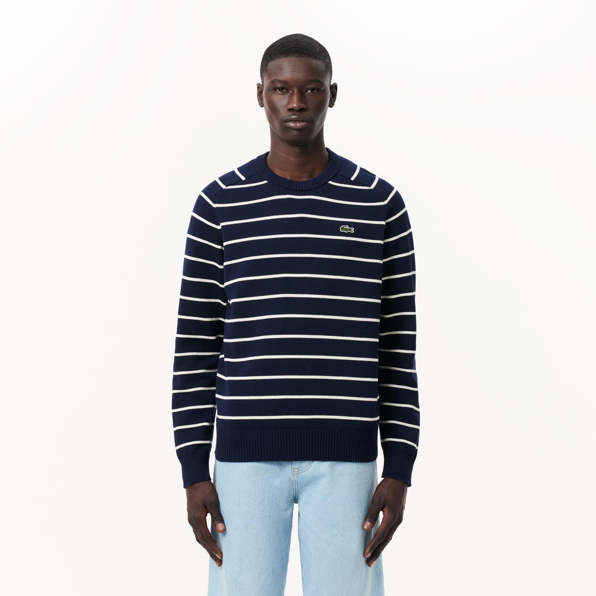 Striped 3D Knit Cotton Crew Neck Sweater Product Image