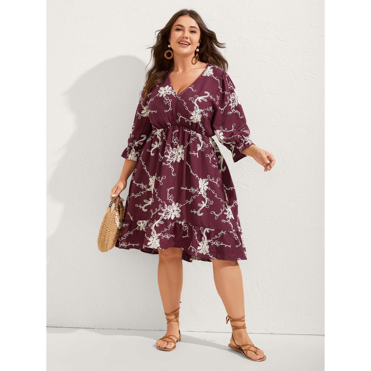 Plus Size Floral Embroidered Stretchy Waist Midi Dress Deeppurplered Women V-neck Half Sleeve Curvy BloomChic 28/5X Product Image