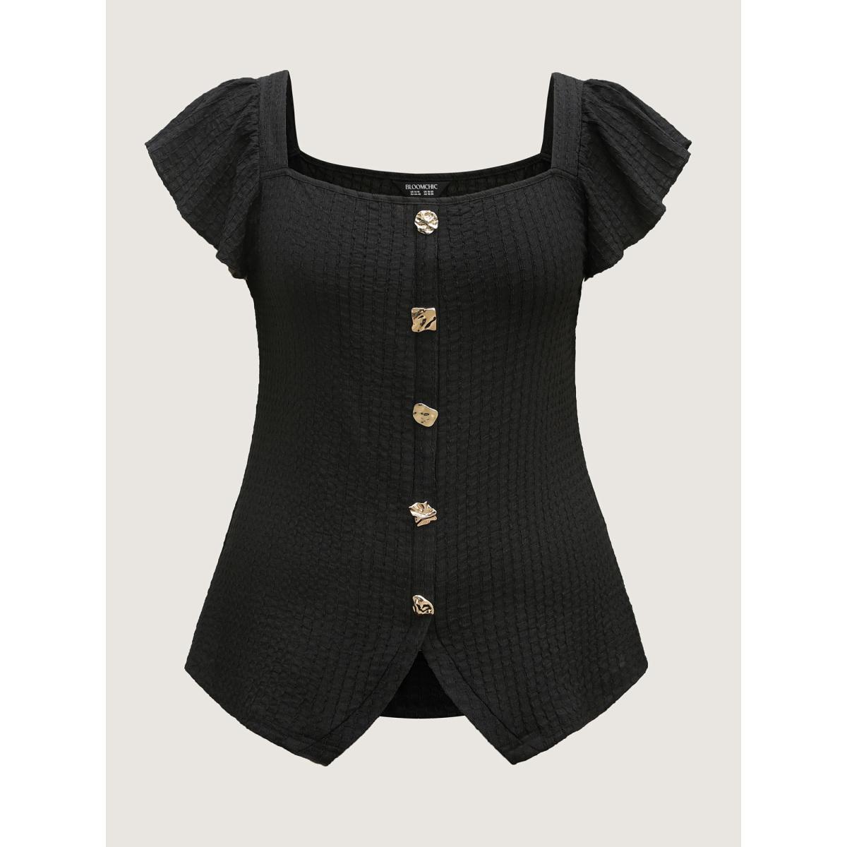 Plus Size Black Textured Shape Button Flutter Sleeve Blouse Women Cap Sleeve Square Neck Work Blouses BloomChic 14-16/1X Product Image