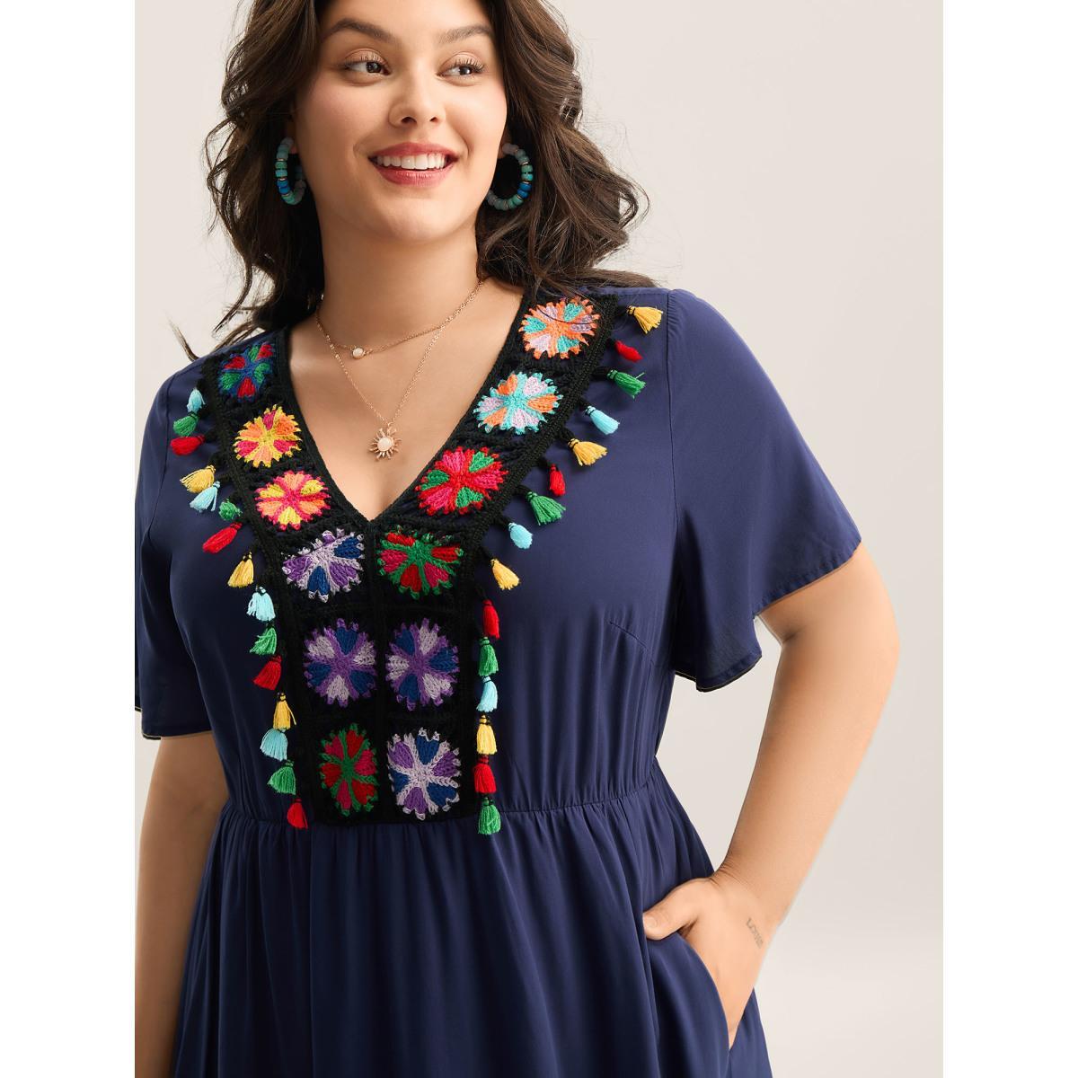 Plus Size Rayon Colorful Tassels Stretchy Waist Midi Dress Navy Women V-neck Short sleeve Curvy BloomChic 14-16/1X Product Image