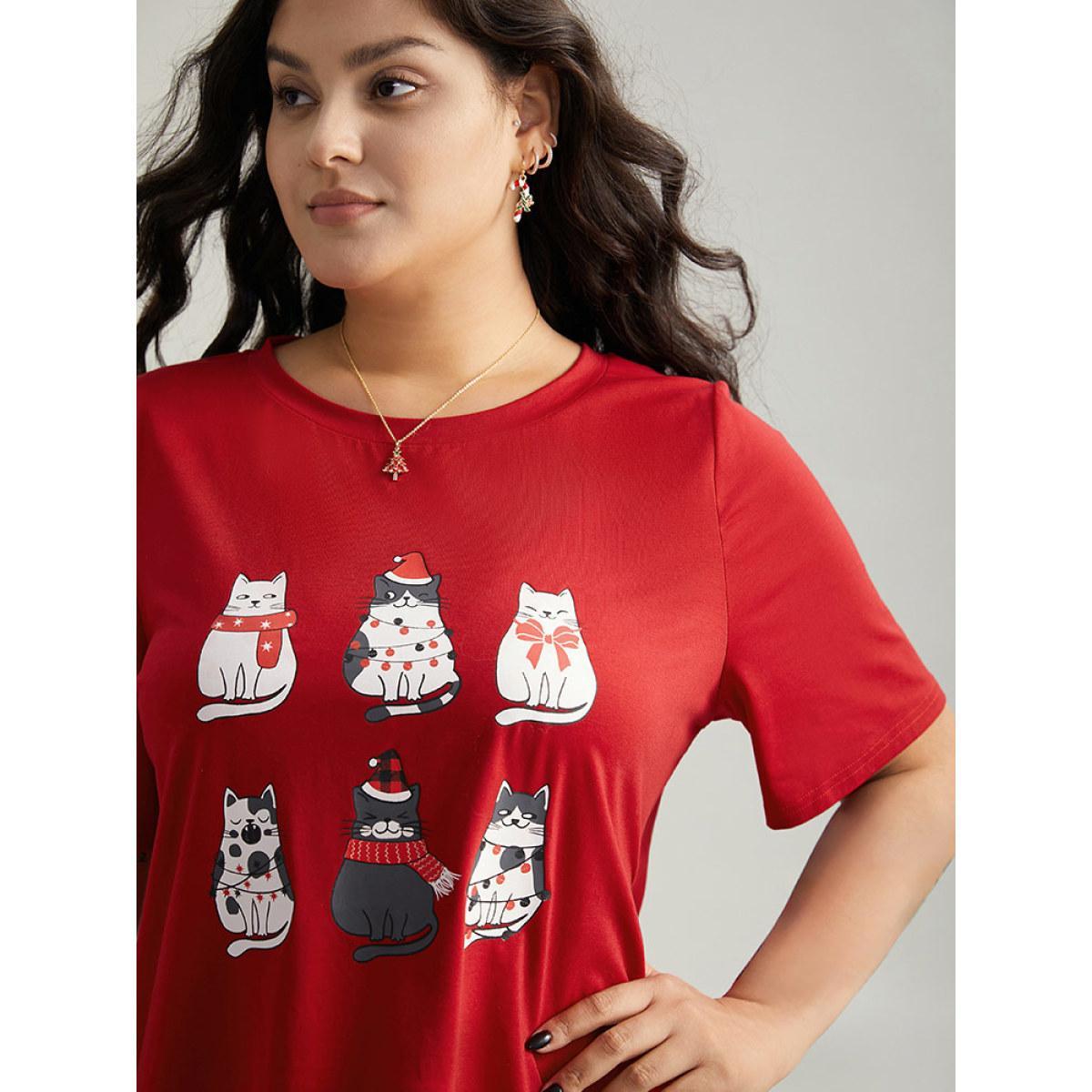 Plus Size Christmas Cat Print Round Neck T-shirt Red Women Casual Printed Christmas Festival-Christmas T-shirts BloomChic 28/5X Product Image