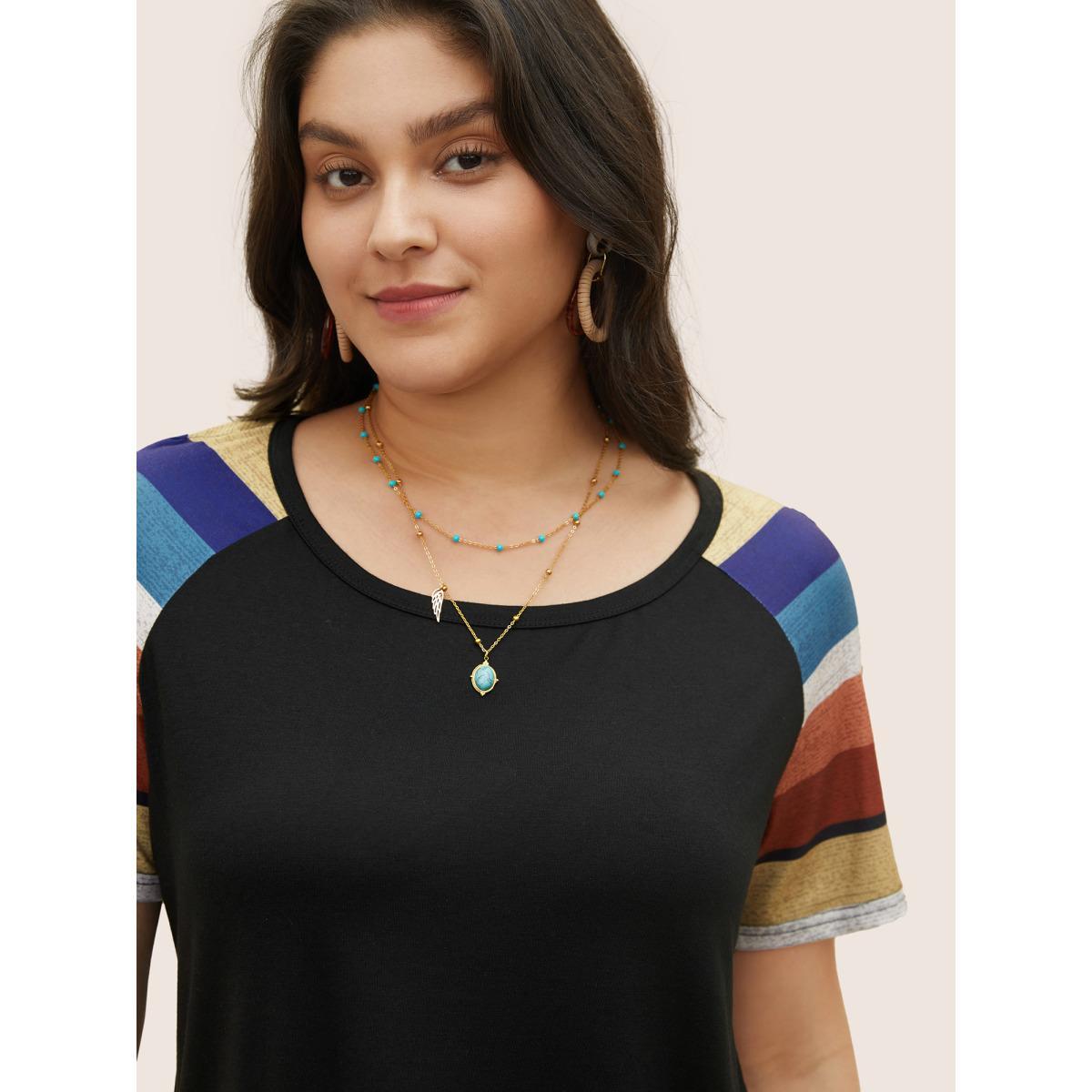 Plus Size Striped Contrast Raglan Sleeve Round Neck T-shirt Chocolate Women Resort Striped Round Neck Vacation T-shirts BloomChic 28/5X Product Image