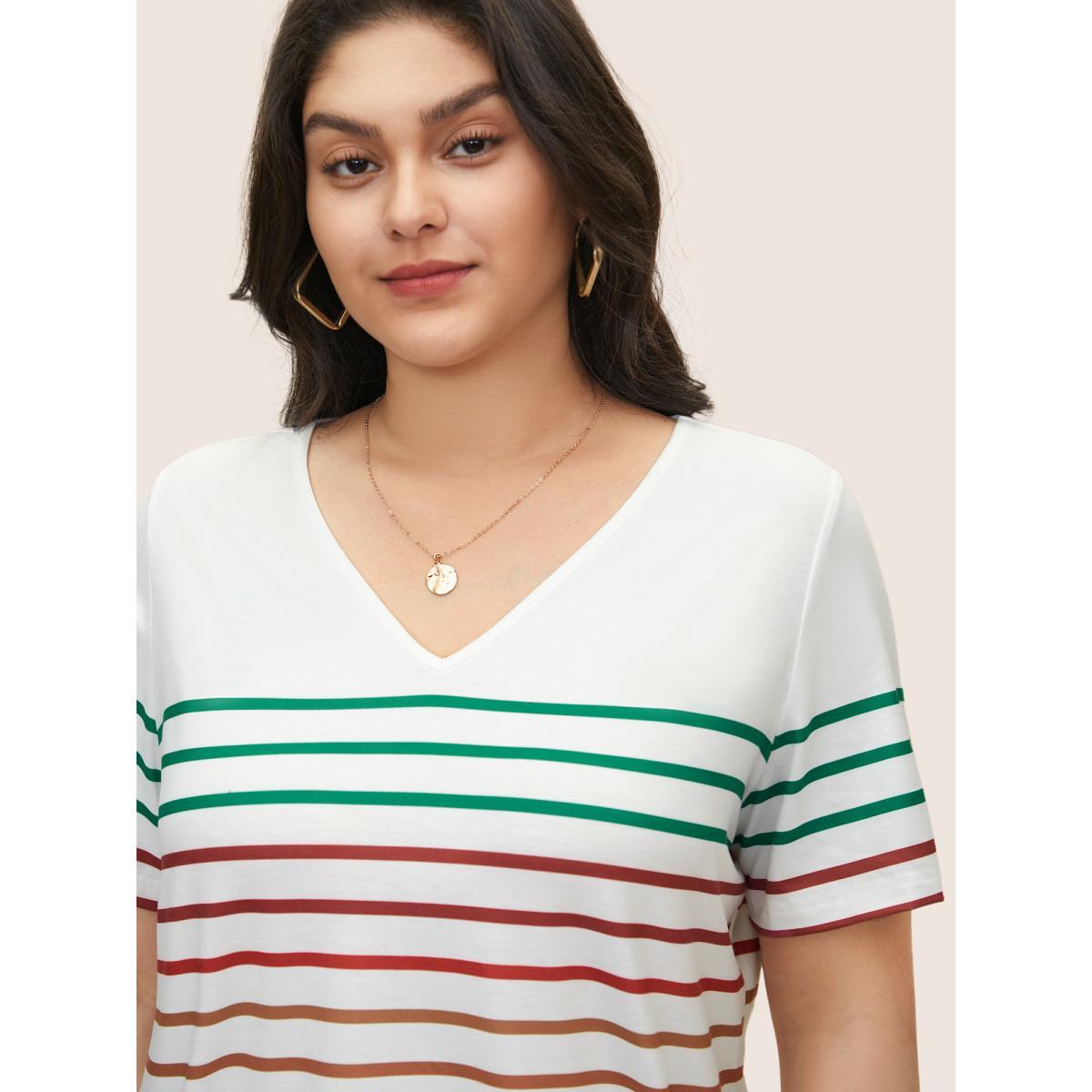 Plus Size Contrast Striped V Neck T-shirt White Women Casual Contrast Striped V-neck Everyday T-shirts BloomChic 28/5X Product Image