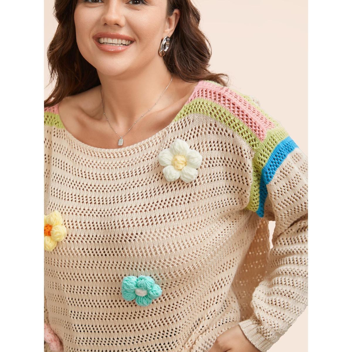 Plus Size Colored Stereo Flower Design Pullover Beige Women Casual Three Quater Length Sleeve Boat Neck Everyday Pullovers BloomChic 30/6X Product Image