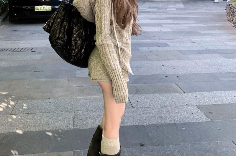 Plain Hooded Cable-Knit Zip Cardigan / High Waist Hot Pants Product Image