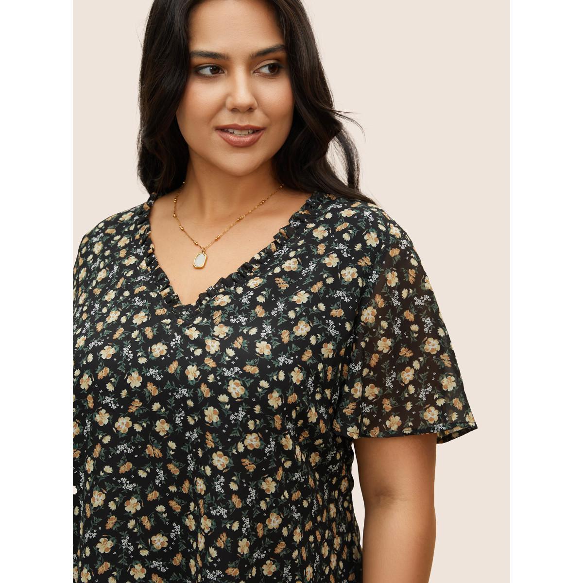 Plus Size BlackFlower Ditsy Floral Flutter Sleeve See Through Blouse Women Elegant Short sleeve V-neck Everyday Blouses BloomChic 26/4X Product Image