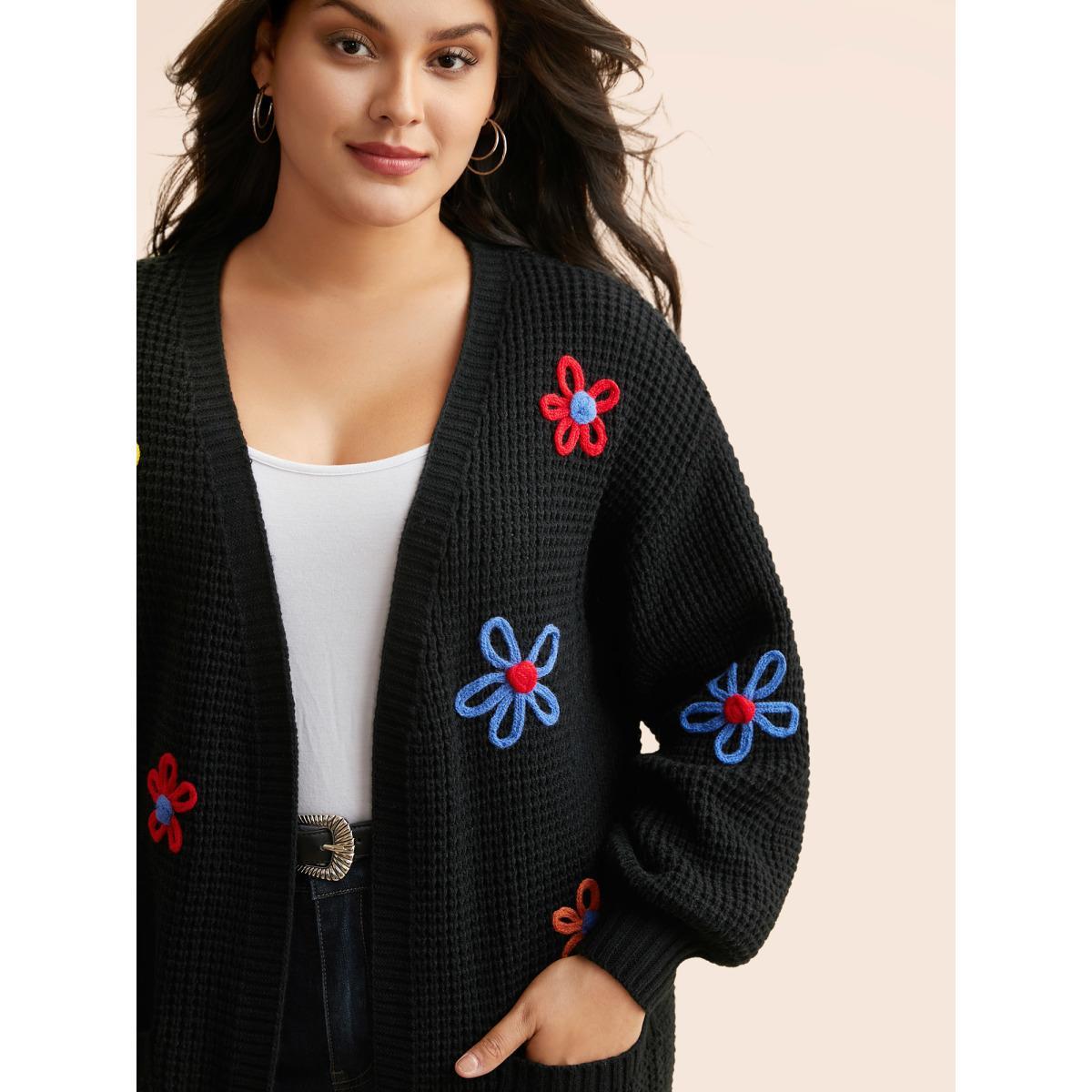 Plus Size Crochet Floral Puff Sleeve Pocket Cardigan Black Women Casual Loose Long Sleeve Everyday Cardigans BloomChic 14-16/1X Product Image