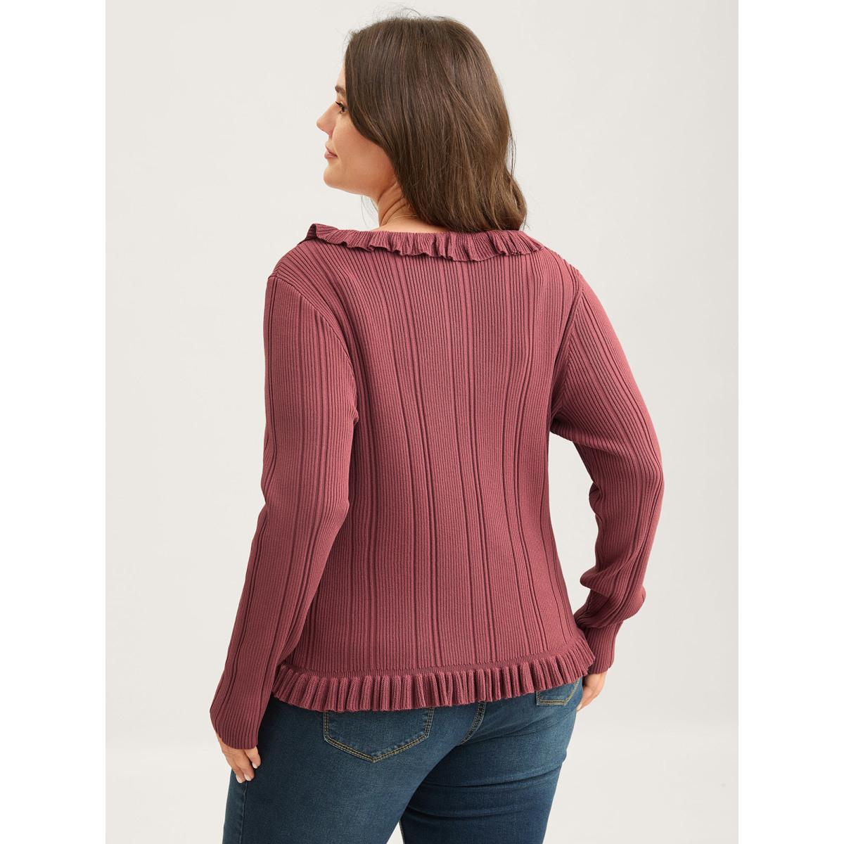 Plus Size Ruffled Edged Front Tie Knit Cardigan Rust Women Bodycon Long Sleeve Everyday-Elegant Cardigans BloomChic 22-24/3X Product Image
