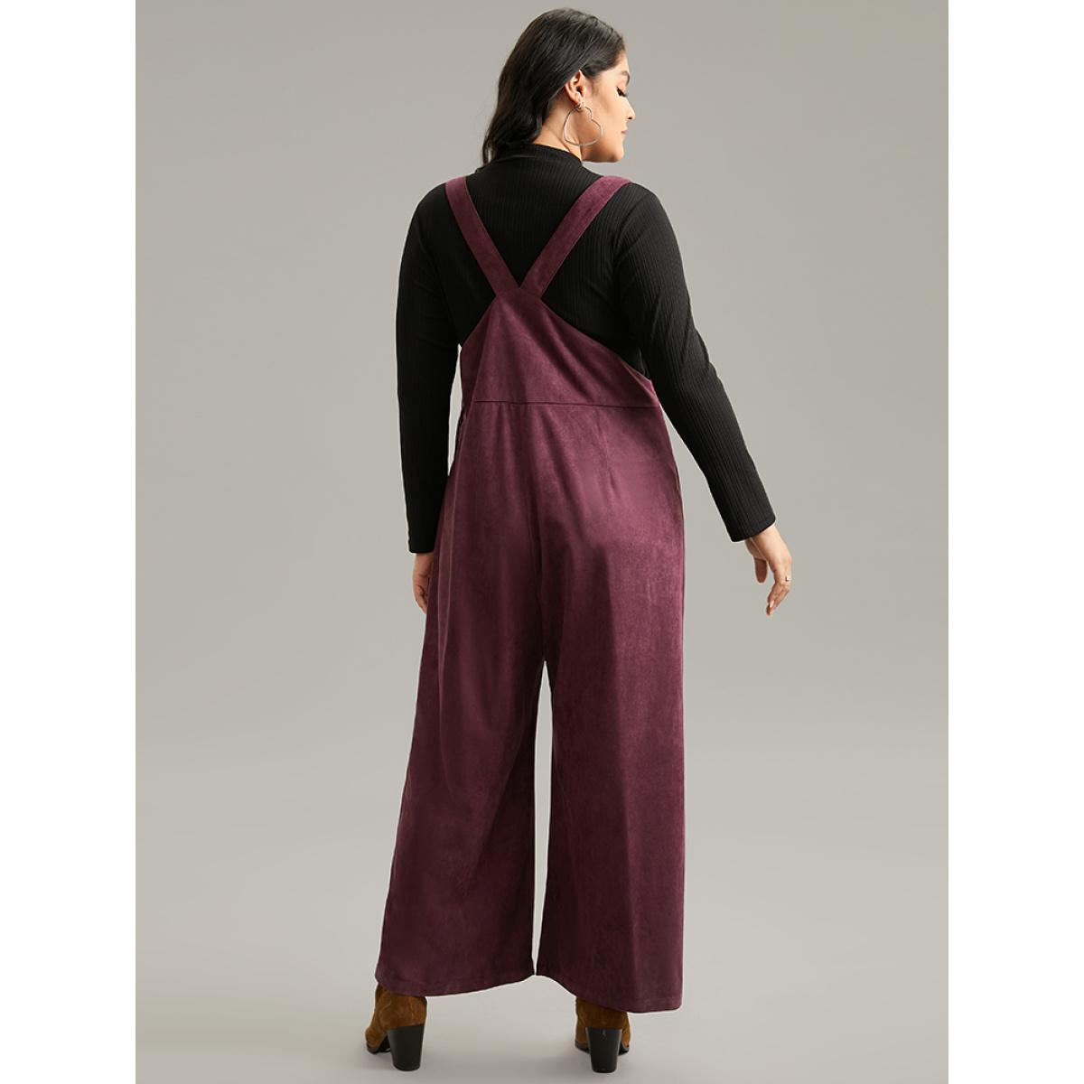 Plus Size Burgundy Plain Button Up Adjustable Straps Jumpsuit Women Casual Sleeveless Spaghetti Strap Dailywear Loose Jumpsuits BloomChic 10/M Product Image