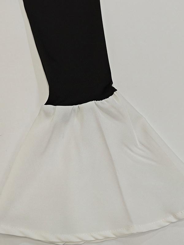 A-Line Flared Sleeves Contrast Color Pleated Split-Joint Round-Neck Mini Dresses Product Image