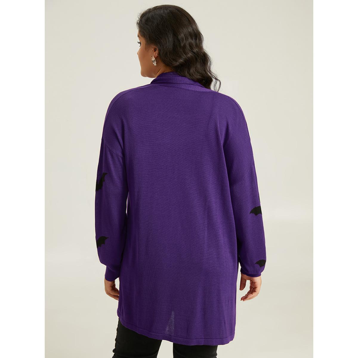 Plus Size Supersoft Essentials Halloween Bat Pattern Lapel Collar Cardigan Blackcurrant Women Casual Loose Long Sleeve Festival-Halloween Cardigans BloomChic 26/4X Product Image