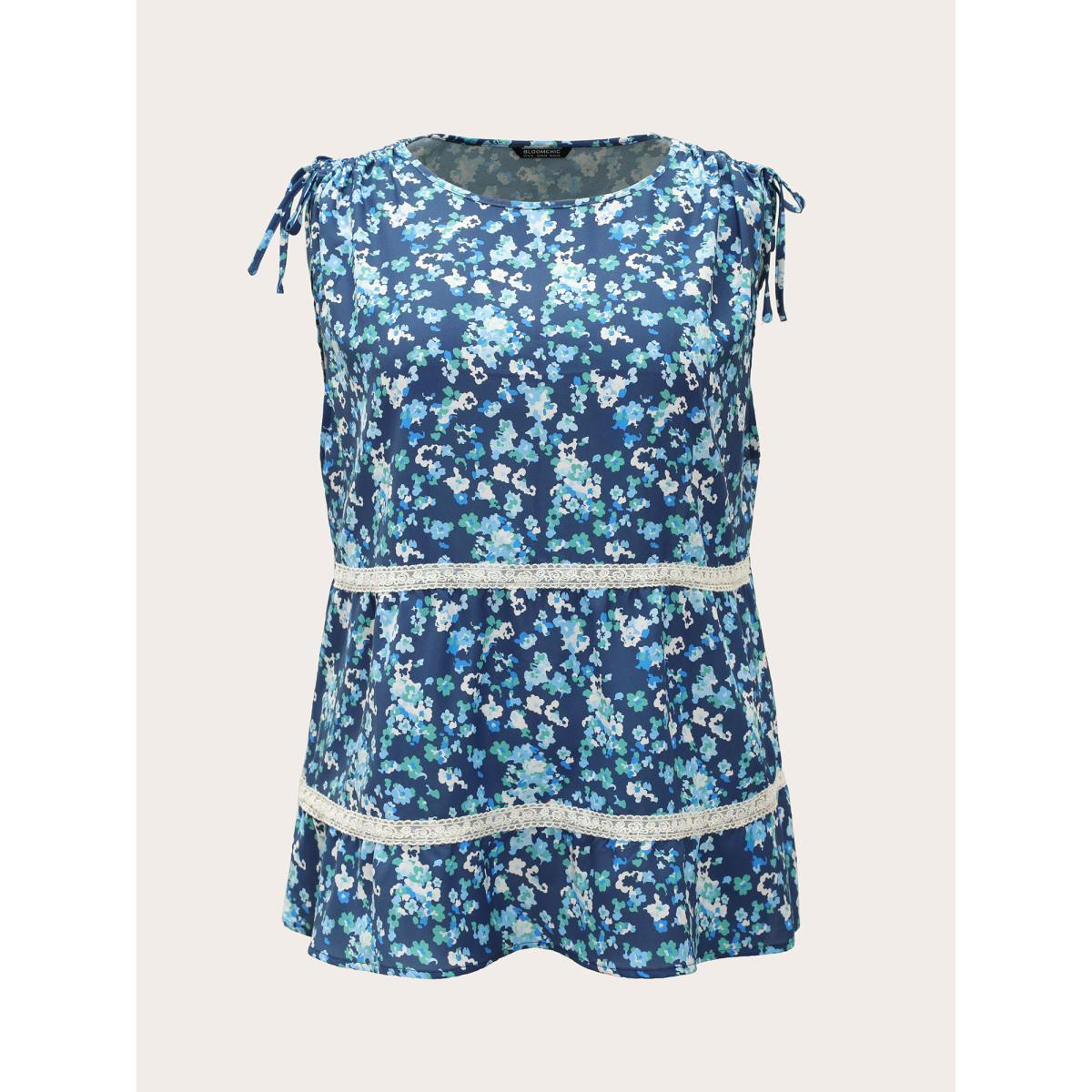 Plus Size Ditsy Floral Drawstring Lace Patchwork Tank Top Women Blue Elegant Cross straps Round Neck Everyday Tank Tops Camis BloomChic 12/L Product Image