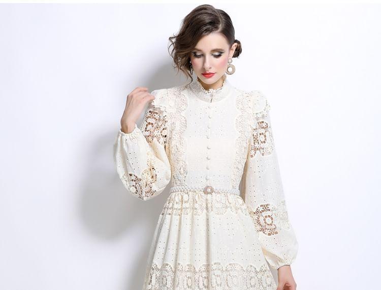 Set: Long Sleeve Stand Collar Plain Button Panel Lace Midi A-Line Dress + Belt Product Image