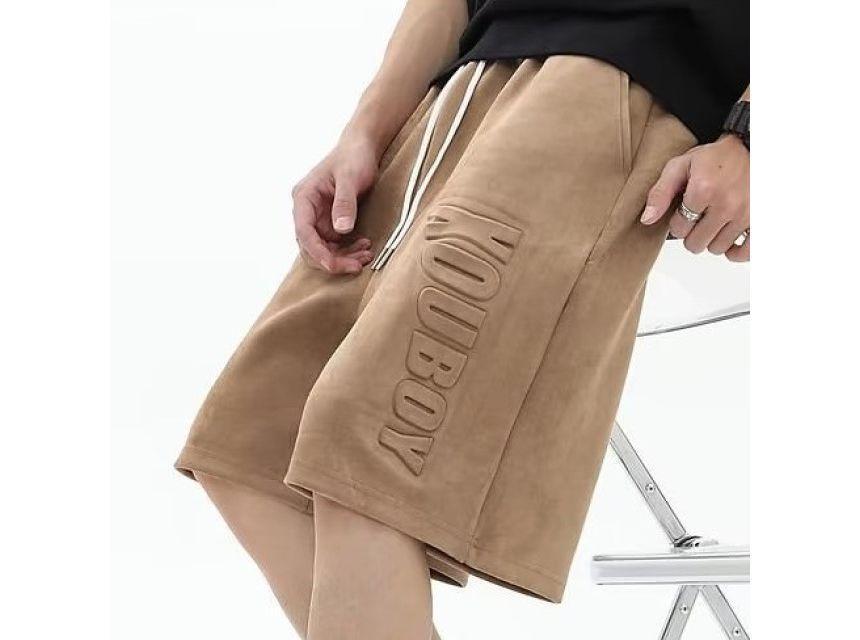 Drawstring Waist Plain Lettering Embossed Bermuda Shorts Product Image