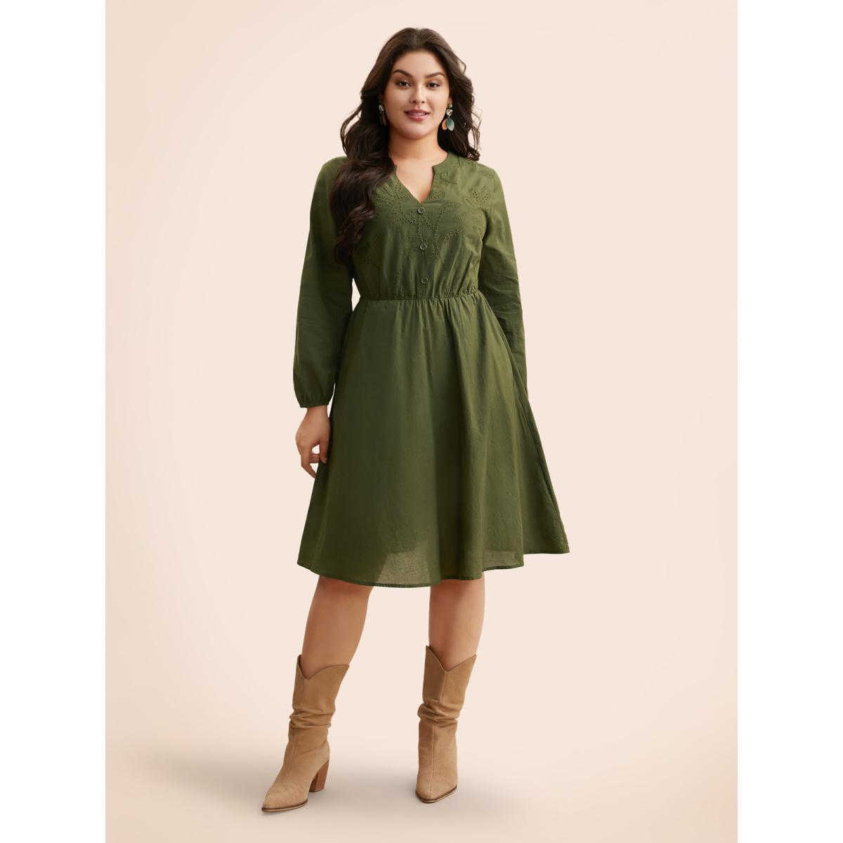 Plus Size Notched Broderie Anglaise Button Detail Dress ArmyGreen Women Elegant Button Notched collar Long Sleeve Curvy BloomChic 14-16/1X Product Image