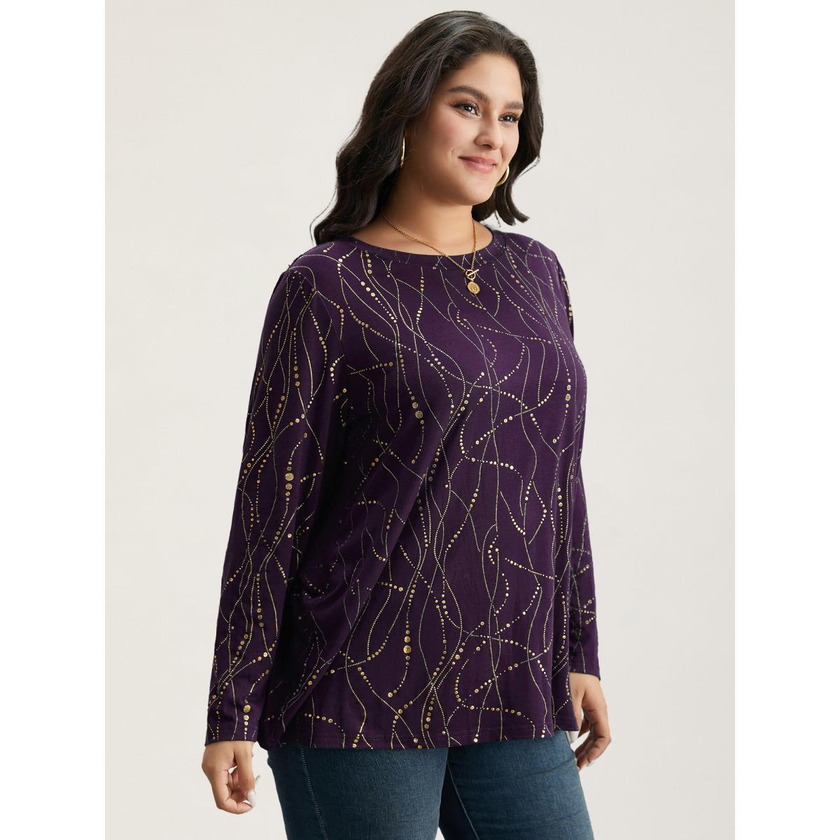 Plus Size Polka Dot Contrast Round Neck T-shirt Eggplant Women Casual Contrast Polka Dot Round Neck Dailywear T-shirts BloomChic 26/4X Product Image