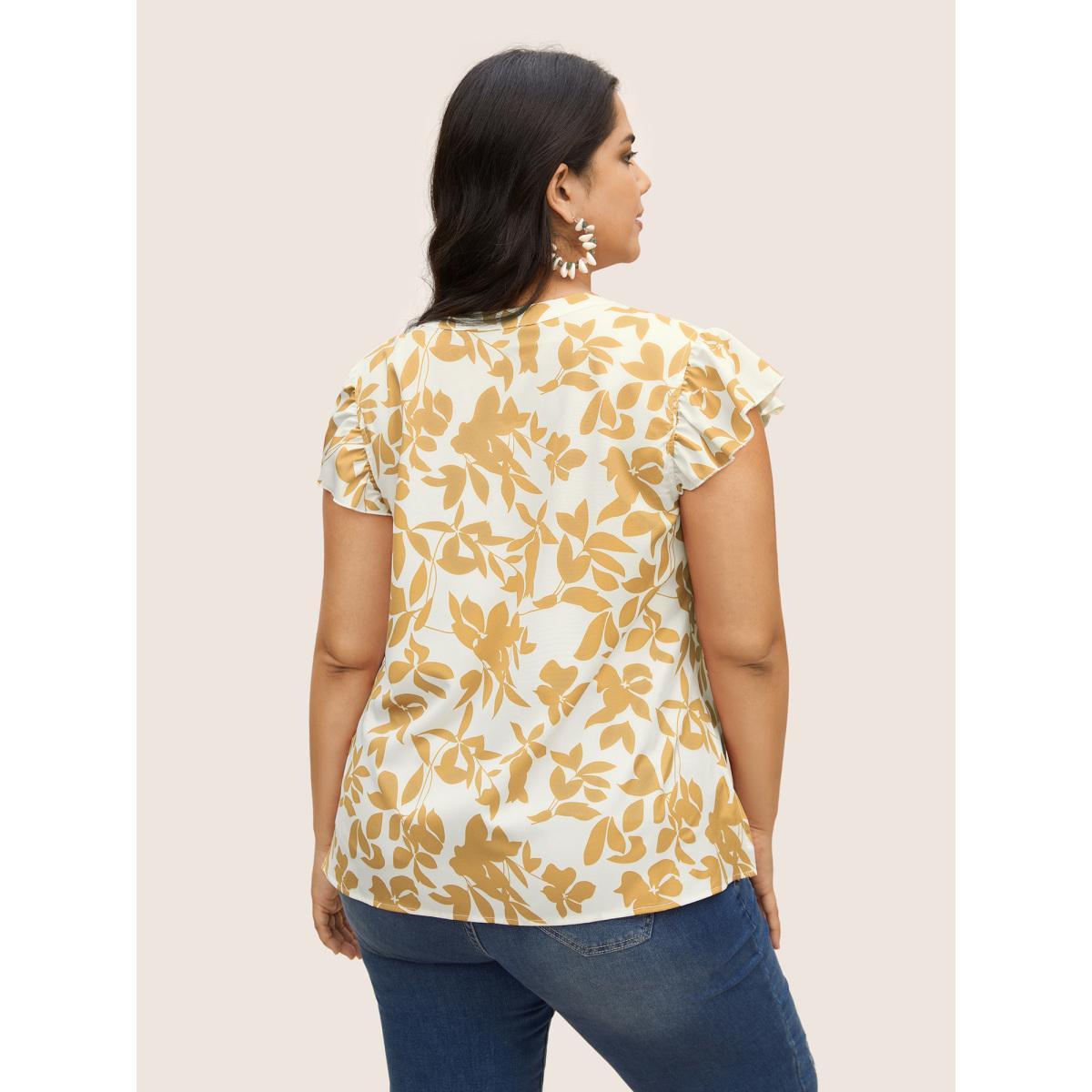 Plus Size Tan Silhouette Floral Print Notched Collar Pleated Blouse Women Resort Cap Sleeve Notched collar Vacation Blouses BloomChic 10/M Product Image