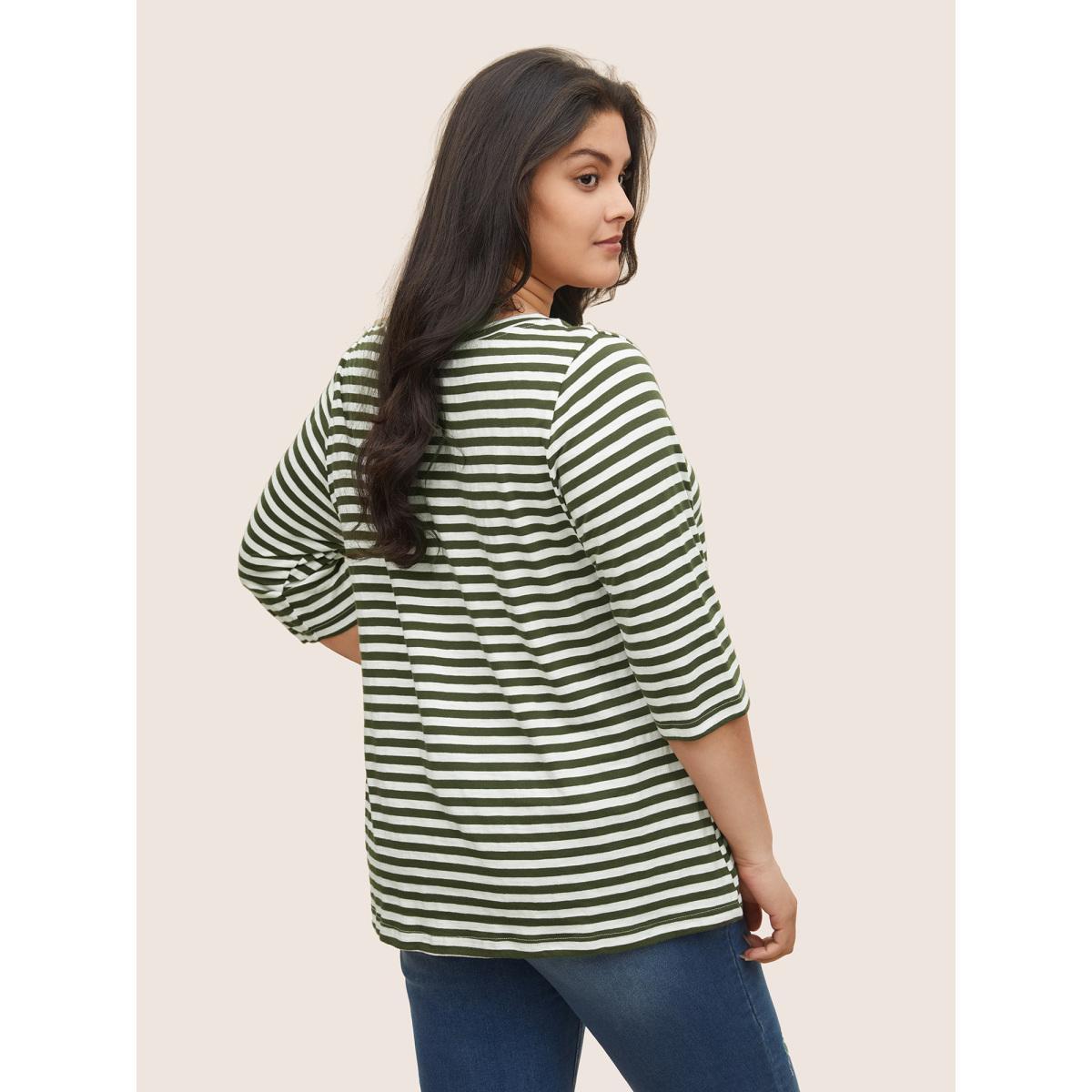 Plus Size Striped Print Notched T-shirt ArmyGreen Women Casual Contrast Striped Notched collar Everyday T-shirts BloomChic 22-24/3X Product Image