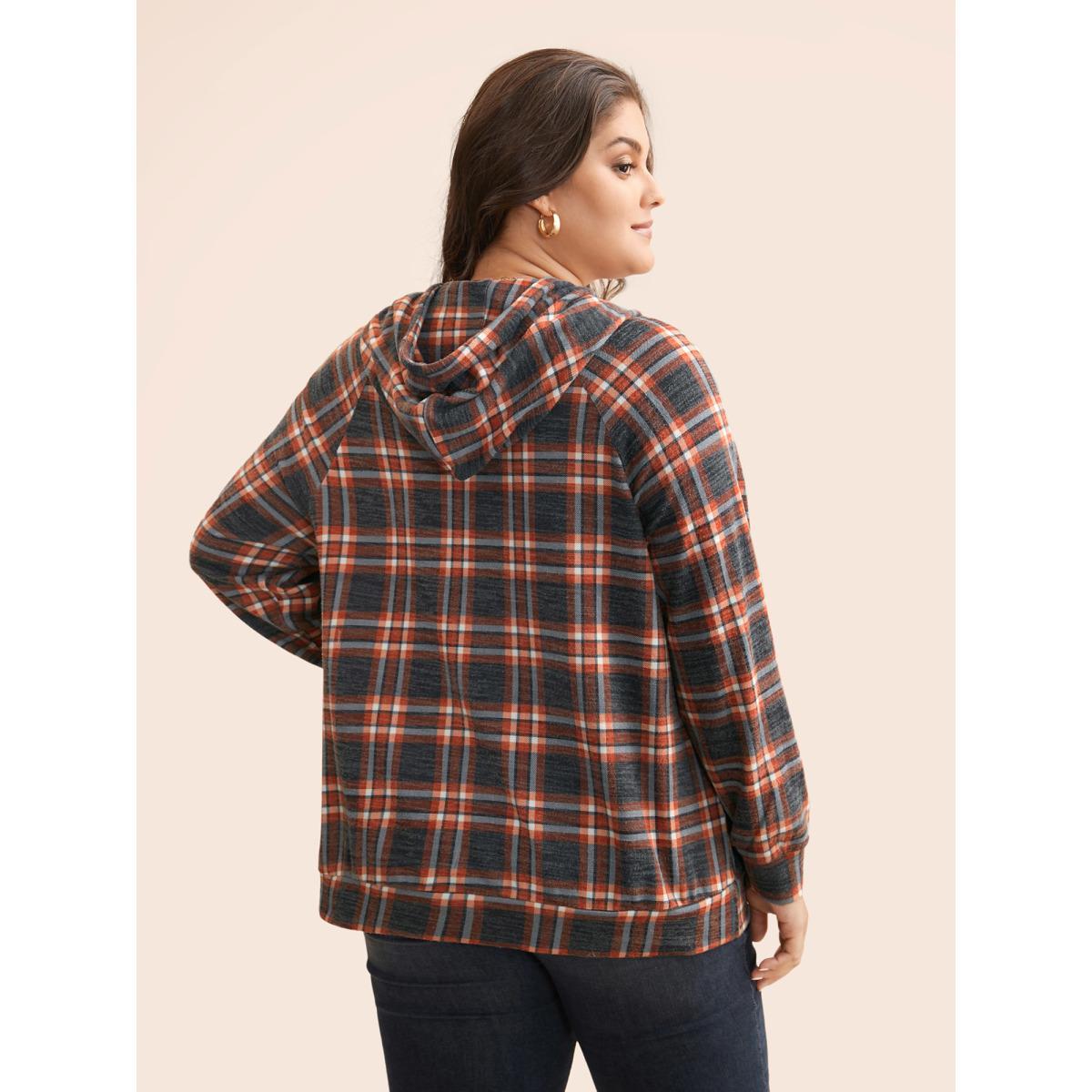 Plus Size Plaid Hooded Drawstring Raglan Sleeve Sweatshirt Women Multicolor Casual Drawstring Hooded Everyday Sweatshirts BloomChic 22-24/3X Product Image