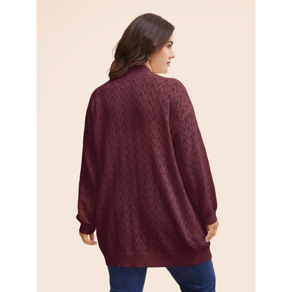 Plus Size Kimono Collar Patch Pocket Pointelle Knit Cardigan Plum Women Casual Loose Long Sleeve Everyday Cardigans BloomChic 18-20/2X Product Image