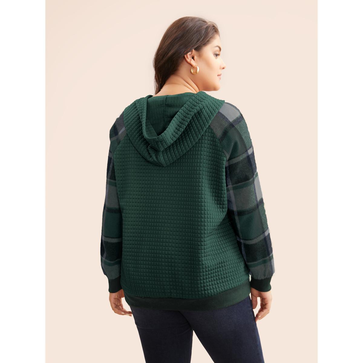 Plus Size Plaid Patchwork Hooded Raglan Sleeve Sweatshirt Women DarkGreen Casual Texture Hooded Everyday Sweatshirts BloomChic 26/4X Product Image
