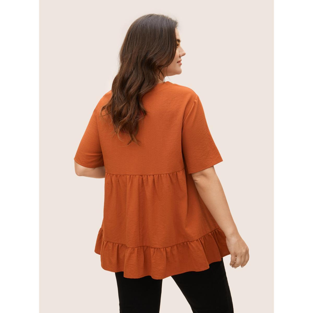 Plus Size Rust Solid Crew Neck Ruffle Hem Blouse Women Casual Short sleeve Round Neck Everyday Blouses BloomChic 14-16/1X Product Image