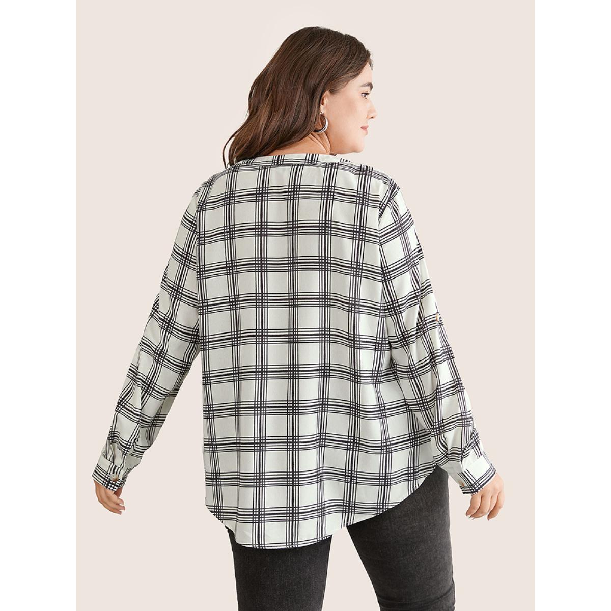 Plus Size Black Plaid Tab Sleeve Button Up Notched Blouse Women Office Long Sleeve Notched collar Work Blouses BloomChic 10/M Product Image