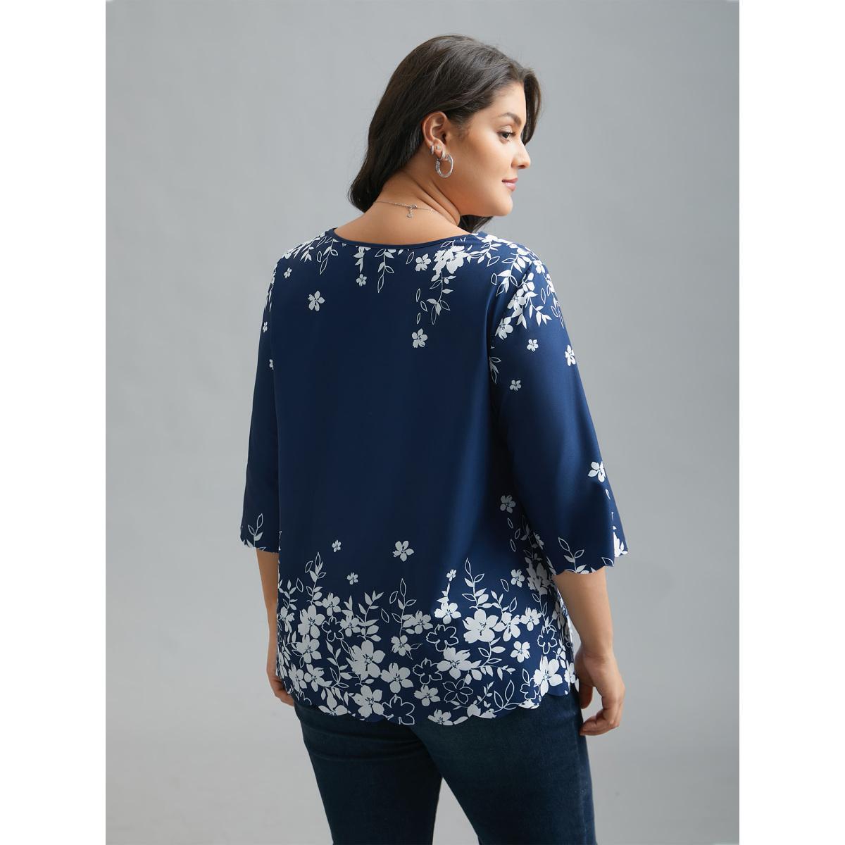 Plus Size Indigo Laser Cut Floral Boho Print Blouse Women Elegant Elbow-length sleeve V-neck Everyday Blouses BloomChic 18-20/2X Product Image