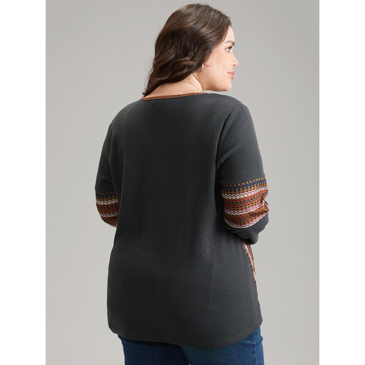 Plus Size Bandana Print Waffle Knit T-shirt DarkGray Women Elegant Waffle Knit Bohemian Print Round Neck Dailywear T-shirts BloomChic 26/4X Product Image