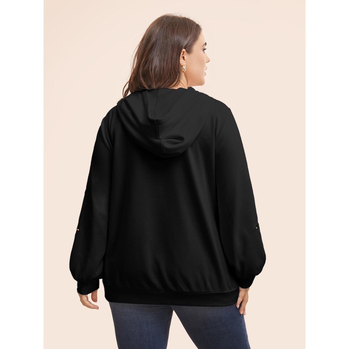 Plus Size Floral Embroidered Hooded Drawstring Sweatshirt Women Black Elegant Embroidered Hooded Everyday Sweatshirts BloomChic 18-20/2X Product Image