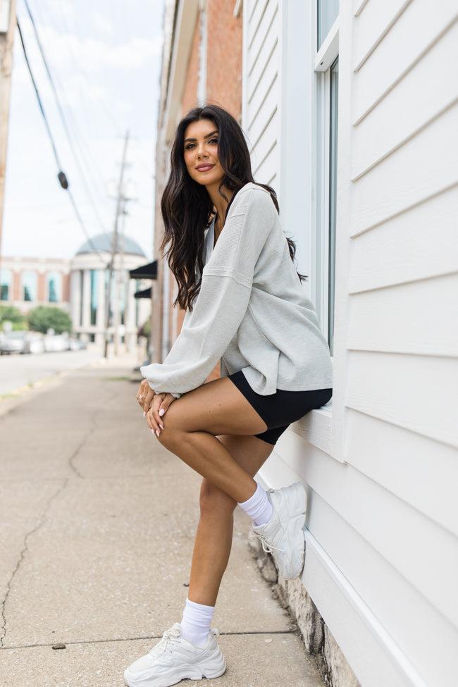 Along The Way Heather Grey Oversized Pocketed Waffle Top FINAL SALE Product Image