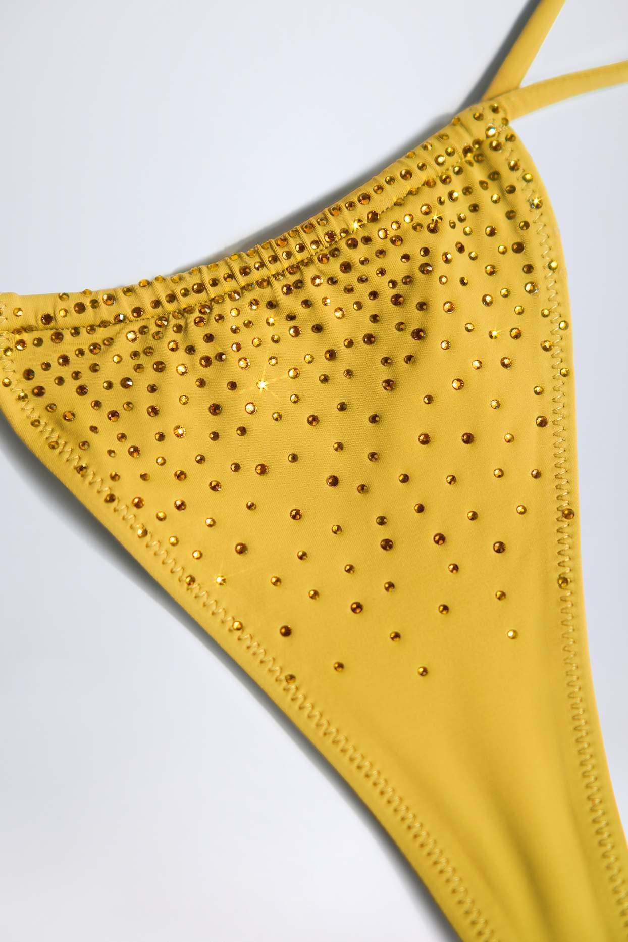 Embellished Drawstring Thong Bikini Bottoms in Golden Yellow Product Image