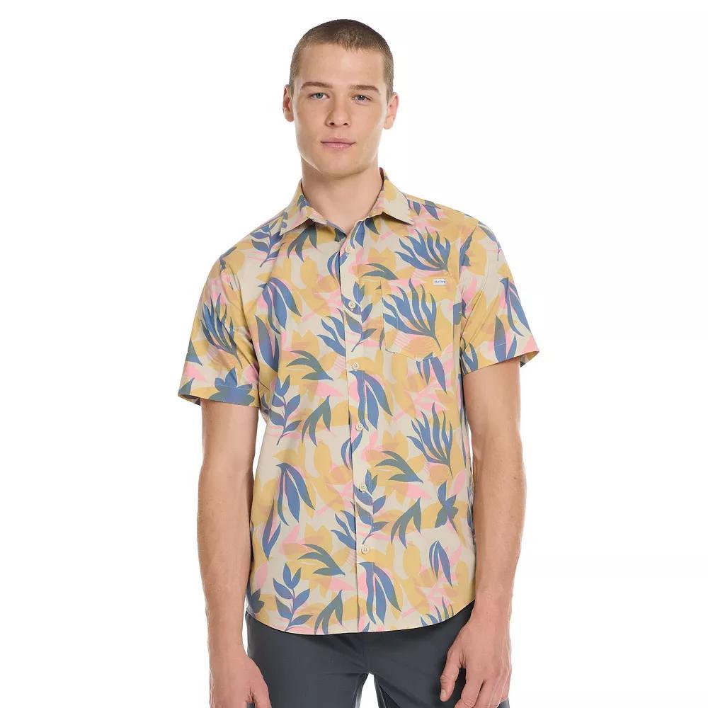 Men's Hurley Tropical Print Short Sleeve Button-Up Shirt, Size: Medium, Beige Product Image