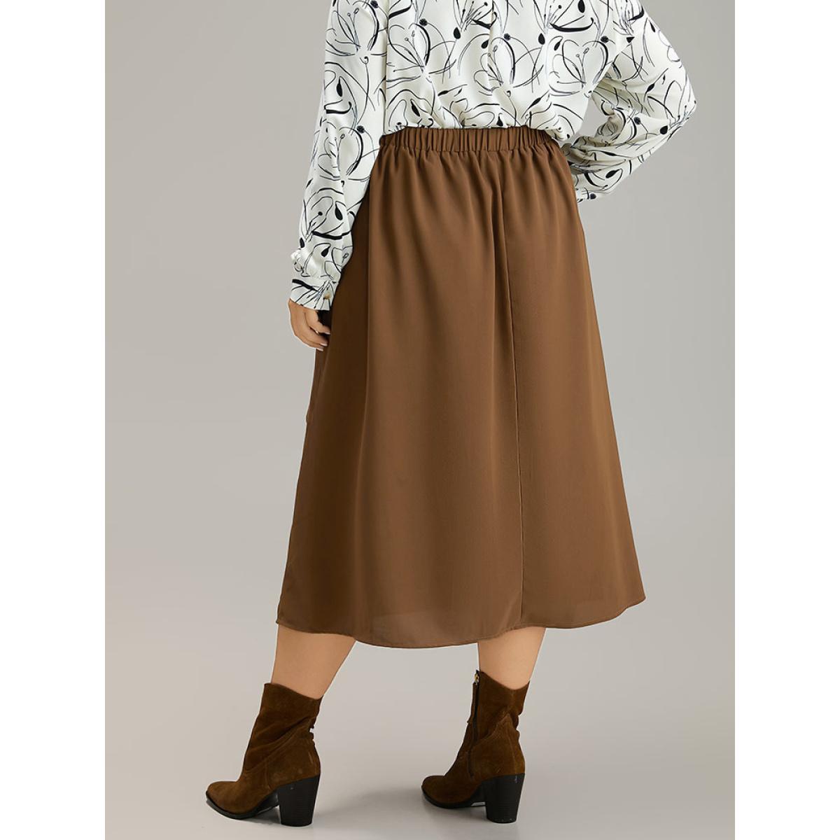 Plus Size Anti-Wrinkle Solid Asymmetrical Hem Ties Skirt Women Tan Office Cross straps Loose No stretch Belt Work Skirts BloomChic 18-20/2X Product Image