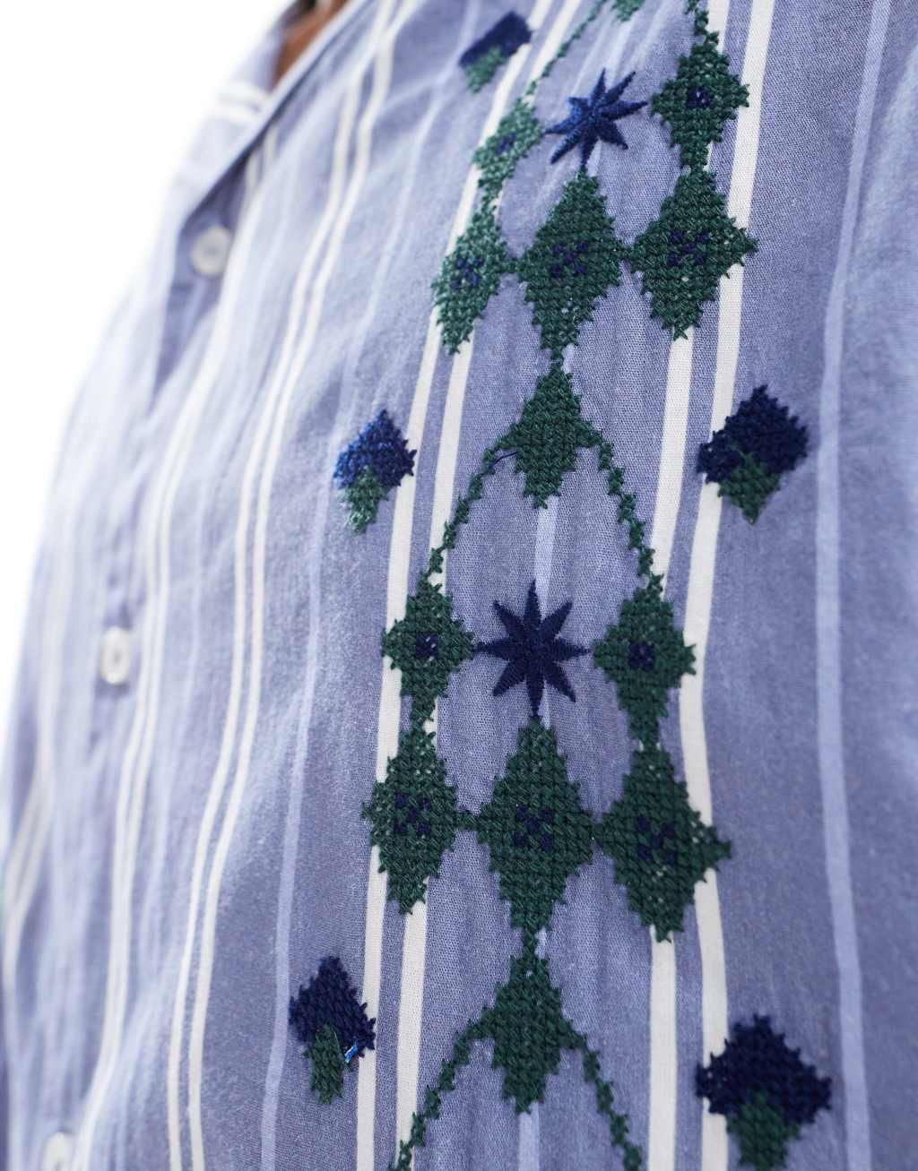 ASOS DESIGN relaxed camp collar stripe shirt with placement geo embroidery Product Image