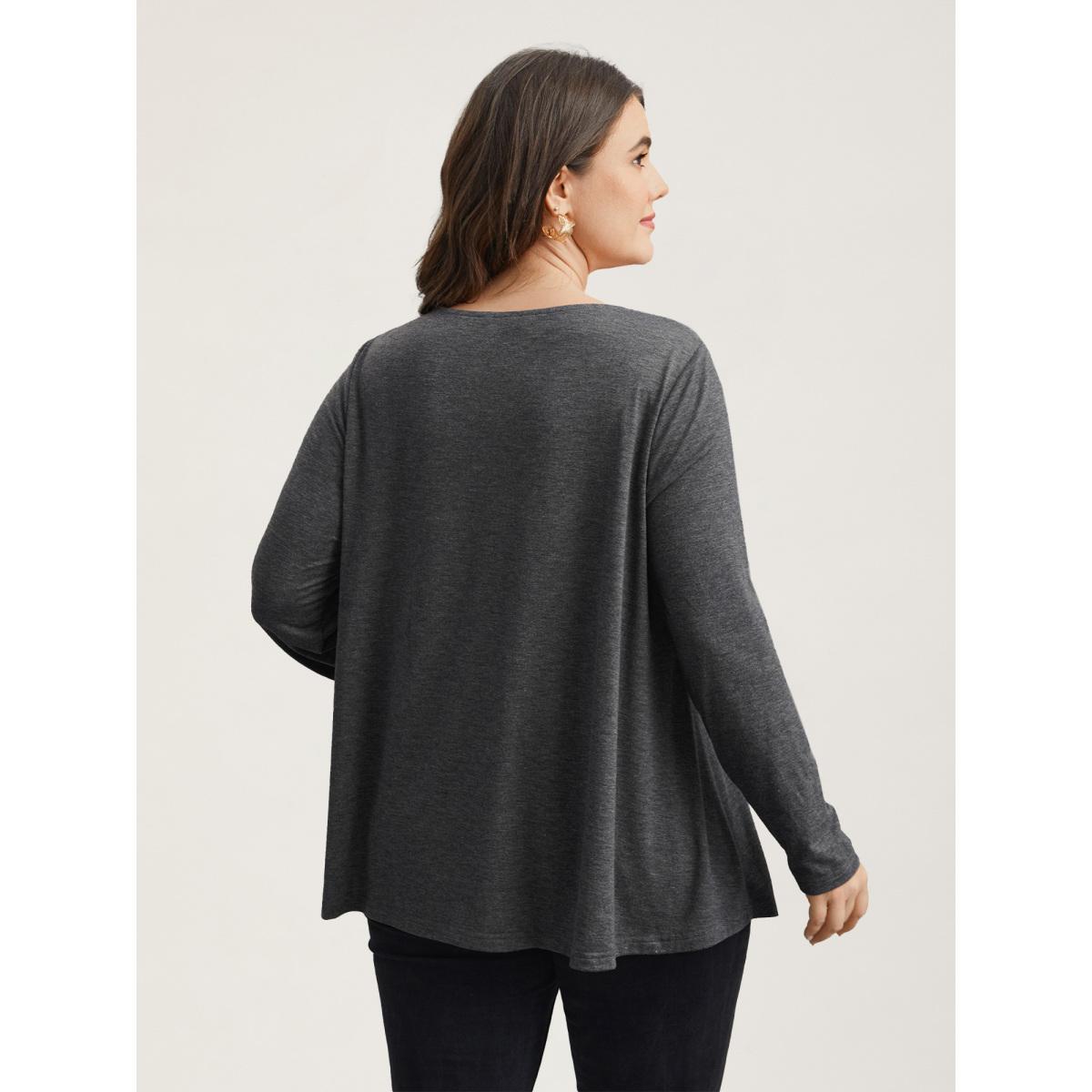 Plus Size Lace Neck Buttons Pleated T-Shirt DimGray Women Elegant Gathered Notched collar Everyday T-shirts BloomChic 30/6X Product Image