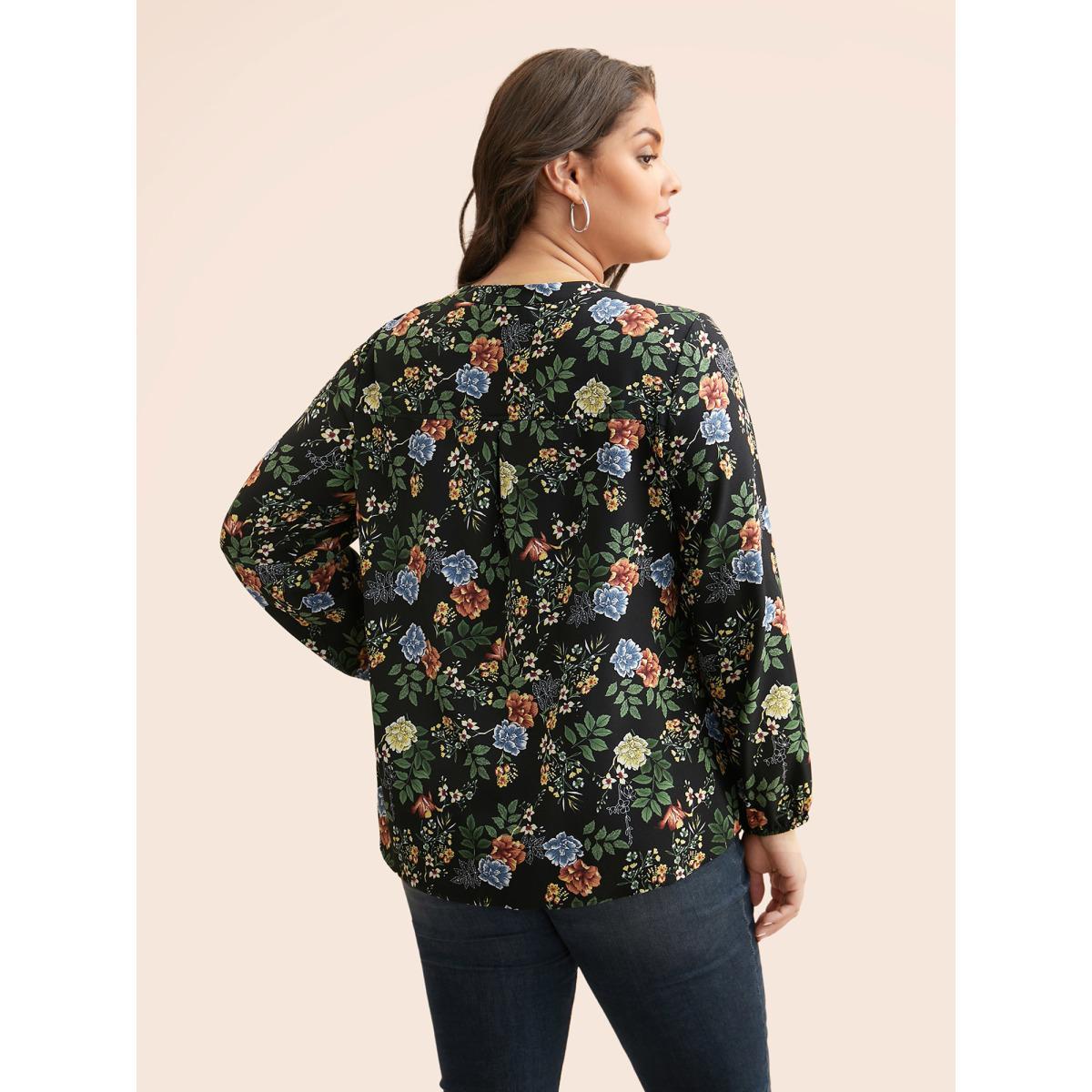 Plus Size Black Floral Notched Pleated Lantern Sleeve Blouse Women Elegant Extra Long Sleeve Notched collar Everyday Blouses BloomChic 22-24/3X Product Image