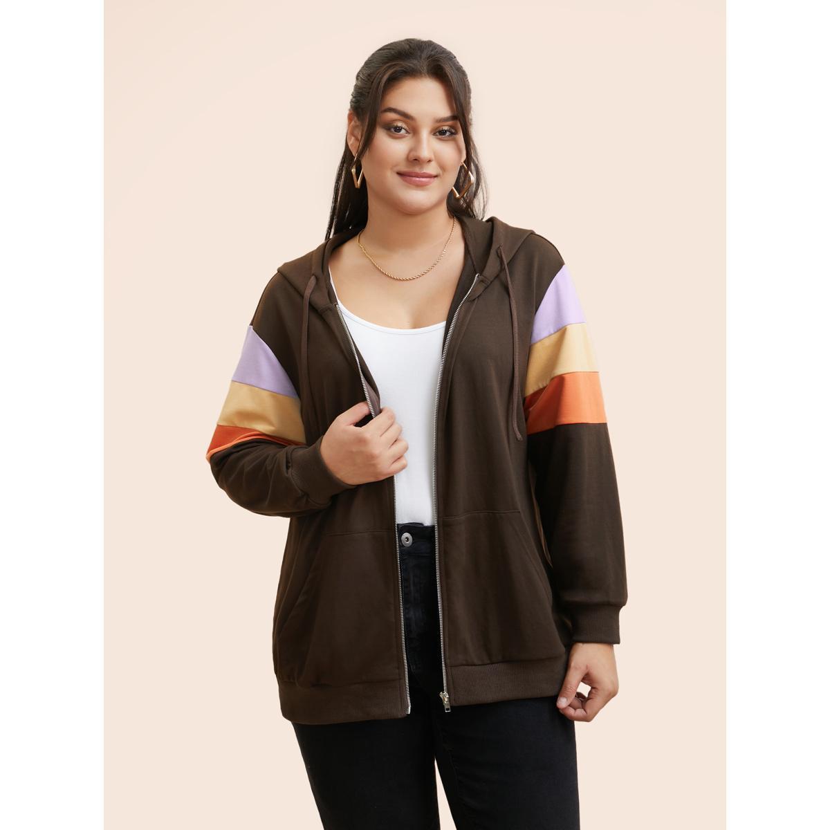Plus Size Colorblock Contrast Pocket Hooded Sweatshirt Women DarkBrown Casual Contrast Hooded Everyday Sweatshirts BloomChic 14-16/1X Product Image